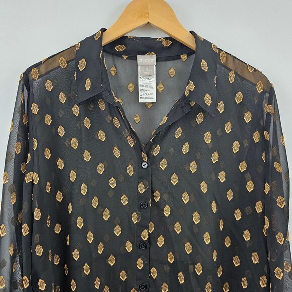 Chico's Button Up Blouse Black Gold Sheer 3/XL Lightweight Peplum Pleated Back - Picture 6 of 12